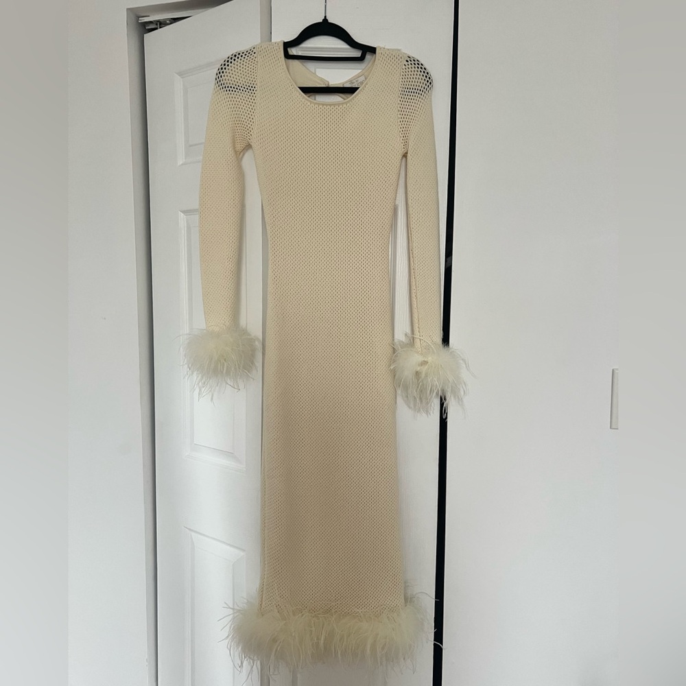 Torn by Ronny Kobo Cream Feather-Trim Midi Dress